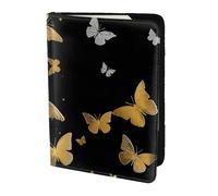 ttyuac Gold White Butterflies Black Print Passport Holder 5.5 Inch, PU Leather Passport Cover for Travel, Airplane, Train & Holiday Adventures for Women Men Travelling Essentials