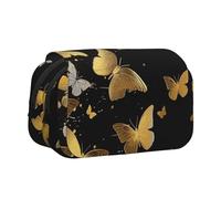 ttyuac Gold White Butterflies Black Print Pencil Case, Double-Layer Big Pencil Pouch Bag, Stationery Pen Case Office Stationery Organizer Multifunctional Pencil Bag Pen Marker Case