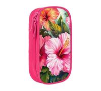 ttyuac Hibiscus Flowers Art Print Pencil Case, Large Capacity 2 Compartment Dual Zips Pouch, Aesthetic Pencil case Stationery Organizer for Boys Girls Supplies Makeup Bag, Pink