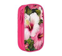 ttyuac Hibiscus Flowers Print Pencil Case, Large Capacity 2 Compartment Dual Zips Pouch, Aesthetic Pencil case Stationery Organizer for Boys Girls Supplies Makeup Bag, Pink