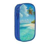 ttyuac Island with Sandy Beach and Palm Tree Print Pencil Case, Large Capacity 2 Compartment Dual Zips Pouch, Aesthetic Pencil case Stationery Organizer for Boys Girls Supplies Makeup Bag, Blue