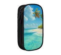 ttyuac Island with Sandy Beach and Palm Tree Print Pencil Case, Large Capacity 2 Compartment Dual Zips Pouch, Aesthetic Pencil case Stationery Organizer for Boys Girls Supplies Makeup Bag, Black