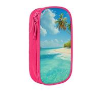 ttyuac Island with Sandy Beach and Palm Tree Print Pencil Case, Large Capacity 2 Compartment Dual Zips Pouch, Aesthetic Pencil case Stationery Organizer for Boys Girls Supplies Makeup Bag, Pink