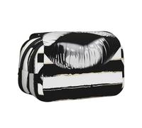 ttyuac Lips Printed in Black and White Stripes Print Pencil Case, Double-Layer Big Pencil Pouch Bag, Stationery Pen Case Office Stationery Organizer Multifunctional Pencil Bag Pen Marker Case
