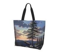 ttyuac Moose Mountain Pine Tree Wilderness Print Tote Bag, Reusable, Extra Large Capacity Washable Shopping Bag with Inner Pocket for Beach, Shopping, Travel, Gym & Daily Errands