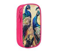 ttyuac Peacocks Print Pencil Case, Large Capacity 2 Compartment Dual Zips Pouch, Aesthetic Pencil case Stationery Organizer for Boys Girls Supplies Makeup Bag, Pink