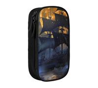 ttyuac Pirate Sailboat Full Moon Print Pencil Case, Large Capacity 2 Compartment Dual Zips Pouch, Aesthetic Pencil case Stationery Organizer for Boys Girls Supplies Makeup Bag, Black