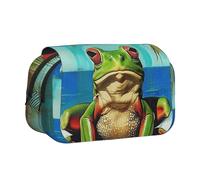 ttyuac Puerto Rico Flag Frog Palm Trees Print Pencil Case, Double-Layer Big Pencil Pouch Bag, Stationery Pen Case Office Stationery Organizer Multifunctional Pencil Bag Pen Marker Case
