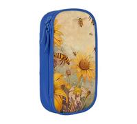 ttyuac Rural Honey Bees Flowers Print Pencil Case, Large Capacity 2 Compartment Dual Zips Pouch, Aesthetic Pencil case Stationery Organizer for Boys Girls Supplies Makeup Bag, Blue