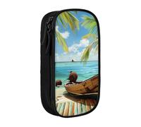 ttyuac Seaside Boat Coconut Leaves Print Pencil Case, Large Capacity 2 Compartment Dual Zips Pouch, Aesthetic Pencil case Stationery Organizer for Boys Girls Supplies Makeup Bag, Black