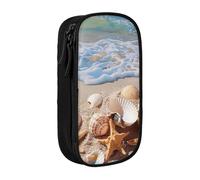 ttyuac Shells on The Beach Print Pencil Case, Large Capacity 2 Compartment Dual Zips Pouch, Aesthetic Pencil case Stationery Organizer for Boys Girls Supplies Makeup Bag, Black