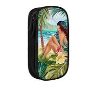 ttyuac Summer Hawaiian Art Print Pencil Case, Large Capacity 2 Compartment Dual Zips Pouch, Aesthetic Pencil case Stationery Organizer for Boys Girls Supplies Makeup Bag, Black