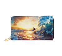 ttyuac Sunset Sea Surfing Seascape Print Long Wallet for Women, PU Leather Clutch Purse with Zipper & Multiple Card Slots, Travel Wallet with Smooth Zippers