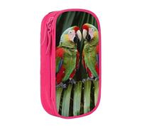 ttyuac Two Parrots on Green Palm Tree Print Pencil Case, Large Capacity 2 Compartment Dual Zips Pouch, Aesthetic Pencil case Stationery Organizer for Boys Girls Supplies Makeup Bag, Pink