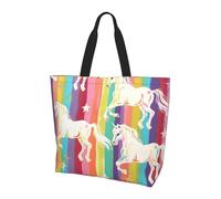ttyuac Unicorns On Colorful Stripes Print Tote Bag, Reusable, Extra Large Capacity Washable Shopping Bag with Inner Pocket for Beach, Shopping, Travel, Gym & Daily Errands