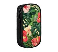 ttyuac Vegetation Leaves with Hibiscus Flowers Print Pencil Case, Large Capacity 2 Compartment Dual Zips Pouch, Aesthetic Pencil case Stationery Organizer for Boys Girls Supplies Makeup Bag, Black