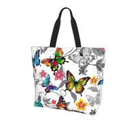 ttyuac White Floral Pattern Colorful Butterflies art Print Tote Bag, Reusable, Extra Large Capacity Washable Shopping Bag with Inner Pocket for Beach, Shopping, Travel, Gym & Daily Errands