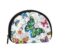 ttyuac White Floral Pattern Colorful Butterflies Print Coin Purse, Small Coin Purse with Zip, Cosmetic Bag, Coin Holder Purse, Portable Purse, Women's Mini Bag for Storing Change, Cards, Keys