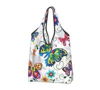 ttyuac White Floral Pattern Colorful Butterflies Print Foldable Shopping Bag 2 PCS, Reusable Tote Bags Grocery Shopping Cloth Bags Washable Tote Bags for Daily Use Holiday Favors Travel Picnic