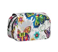 ttyuac White Floral Pattern Colorful Butterflies Print Pencil Case, Double-Layer Big Pencil Pouch Bag, Stationery Pen Case Office Stationery Organizer Multifunctional Pencil Bag Pen Marker Case