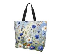 ttyuac Wild Flowers and Cornflowers Daisies art Print Tote Bag, Reusable, Extra Large Capacity Washable Shopping Bag with Inner Pocket for Beach, Shopping, Travel, Gym & Daily Errands