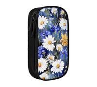 ttyuac Wild Flowers and Cornflowers Daisies Print Pencil Case, Large Capacity 2 Compartment Dual Zips Pouch, Aesthetic Pencil case Stationery Organizer for Boys Girls Supplies Makeup Bag, Black