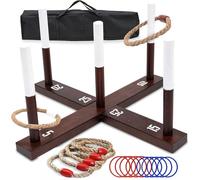 TUAHOO Quoits Garden Game, Outdoor Ring Toss Game for Adults Family Party Acitivities, Wooden Quoits Set with 6 Rope & 10 Plastic Rings, Family Lawn Games