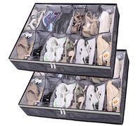 TUAKIMCE 2 PCS Under Bed Shoe Storage Organiser, Folding Under Bed Shoe Box with Transparent Lid Fits 24 Pairs Total - Underbed Storage Solution