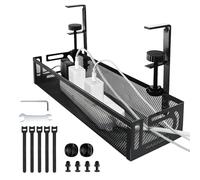 TUAKIMCE Under Desk Cable Management Tray, No Drill Metal Mesh Table Cable Baske for Managing Cables and Power Strips with Clamp Mount, No Damage to Desk, for Office Home, Black