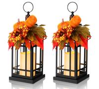 Tuanse 2 Pcs Fall Decorations for Home Rustic Metal Decorative Lantern 14 Inch Thanksgiving Flameless Candle Holder Table Centerpieces with LED Lights for Autumn Harvest Patio Porch(Farmhouse)