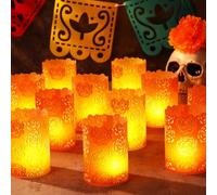 Tuanse 24 Pcs Day of the Dead Votive Candles Holders Wraps Marigold Tea Light Paper Candle Holder Día De Los Muertos Party Decorations for Mexican Home Tabletop Halloween Supplies (Classic)