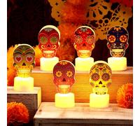 Tuanse 6 Pcs Halloween Day of The Dead LED Flameless Tealight Candles Dia De Muertos Suger Skull Gifts Mexican Halloween Flameless Candles for Bedroom Living Room Ofrenda Decorations