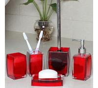 TUANYO 5 Pcs Red Acrylic Bathroom Accessories Set Complete, Lotion/Soap Dispenser, Soap Dish, Toothbrush Holder, Tumbler, Toilet Brush and Holder, Modern Bathroom Decor and Housewarming Gift Set,Red