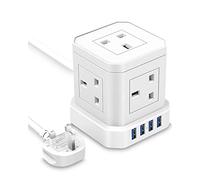 Tuare Cube Extension Lead with 4 USB Slots, 2M Extension Cable, 5 AC Ports, Surge Protected 13A 3250W, Multi 9-in-1 Power Cube for PC/Phone/Laptop/Speaker/TV, White