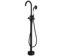 Tub Filler Freestanding Bathtub Faucet High Arc Swivel Spout Brass Floor Mounted Bathroom Shower with Handheld Telephone Shape, 2 Handles,Brushed Nickel (Matte Black)