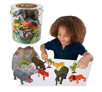 Tub Playset - Wild Animal from Deluxebase. 12 Piece Educational Animal Toy Playset for Kids. Reusable Tub with Hippo, Zebra, Tiger, Rhino, Hyena, Lion, Elephant and Jungle Accessories