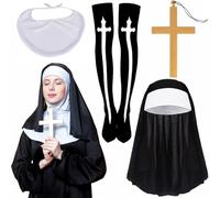 TUBAWD 4 Pieces Nun, Nun Costume, Halloween Nun Costume Accessories Include Nun Headpiece, Crossing Necklace and Collar Accessories for Ladies Dress, Halloween Cosplay Accessories