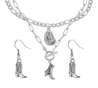 TUBAWD 4Pcs Set Cowboy Necklace, Cowgirl Necklace for Women Cowboy Boot Necklaces, Double Layered Collarbone Chain Necklaces,Trendy Personality Niche Fashion Alloy Pendant Necklaces (Silvery)