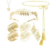 TUBAWD 9PCS Greek Costume, Greek Costume Girls, Greek Goddess Accessories with Complete Leaf Crown Pearl Necklace & Arm Cuffs Earrings Set for Women Wedding