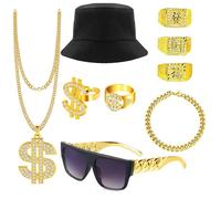 TUBAWD 9Pcs Set Fake Gold Chain, 90's Fancy Dress Men Ultimate Hip Hop Accessory Set with Dollar Necklace, Chinese Rings, Bucket Hat & Sunglasses for Hippie Rapper Disco Outfit