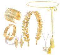 TUBAWD Greek Costume, Greek Costume Girls, Greek Goddess Accessories with Complete Leaf Crown Pearl Necklace & Arm Cuffs Earrings Set for Women Wedding (7pcs)