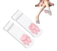 TUBAWD Thigh Highs, Cat Paw Socks, Cute Over Knee Socks for Women, Thigh High Sock with 3D Paws for Cosplay & Daily Wear, Thigh High Stockings with Black Cat Claw Pattern (white)