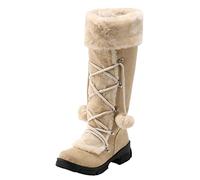 Tube Tight Boots Center Zipper High Ankle Boots Women Retro Snow Boots With Fur Ball Heel Boots For Women Round Boots Over Knee Black Boots, beige, 7 UK