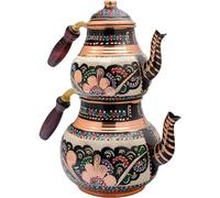 Tubibu Copper Turkish TeaPot Tea Kettle Pots Set with Wooden Handle for Stove Top Stovetop Decorative Infuser Vintage Antique Floral Housewarming, Home Decor,