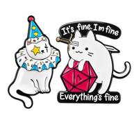 TUCEWP 2Pcs Cat Enamel Pins Funny Sarcastic Meme Brooch for Backpacks Bag Hat Jacket Clown Cat & D20 Dice It's Fine I'm Fine Everything's Fine Lapel Pins Cute Cartoon Animal Jewelry Gift for Women Men