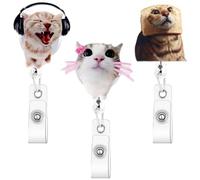 TUCEWP 3Pcs Cute Cat Badge Reel Retractable Funny Cat Meme ID Badge Holder for Nurse Doctor Teacher Nursing Student RN LPN CNA MA Acrylic Cartoon Name Tag Clip Kawaii Badge Buddy for Work Office