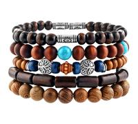 TUCEWP 5pcs Wooden Beaded Bracelets for Men Women Stackable Handmade Vintage Boho Multi-layer Tree of Life Charm Stretch Elastic Bracelets Set Adjustable Stretch Ethnic Tribal Wristbands Jewelry Gift