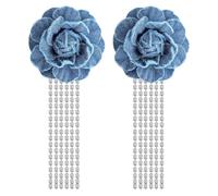 TUCEWP Denim Flower Earrings for Women Exaggerated Long Tassel Floral Earrings Navy Blue Cowboy Statement Earring Big Sparkly Crystal Chain Fringe Dangle Earring Boho Fashion Camellia Jewelry Gifts