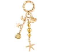 TUCEWP Gold Starfish Keychain for Women Girls Cute Shell Starfish Bead Tassel Keyring Summer Beach Bag Charm for Handbags Ocean Theme Gifts Aesthetic Star Moon Backpack Purse Charms Car Accessories