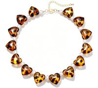 TUCEWP Leopard Print Beaded Heart Necklace for Women Chunky Puffy Amber Resin Heart Pearl Statement Necklace Trendy Y2k Boho Vintage Adjustable Beads Choker Fashion Summer Beach Vacation Jewelry Gift